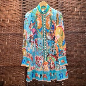 Colorful Patterned Long-Sleeve Dress 65% linen, Size XS.